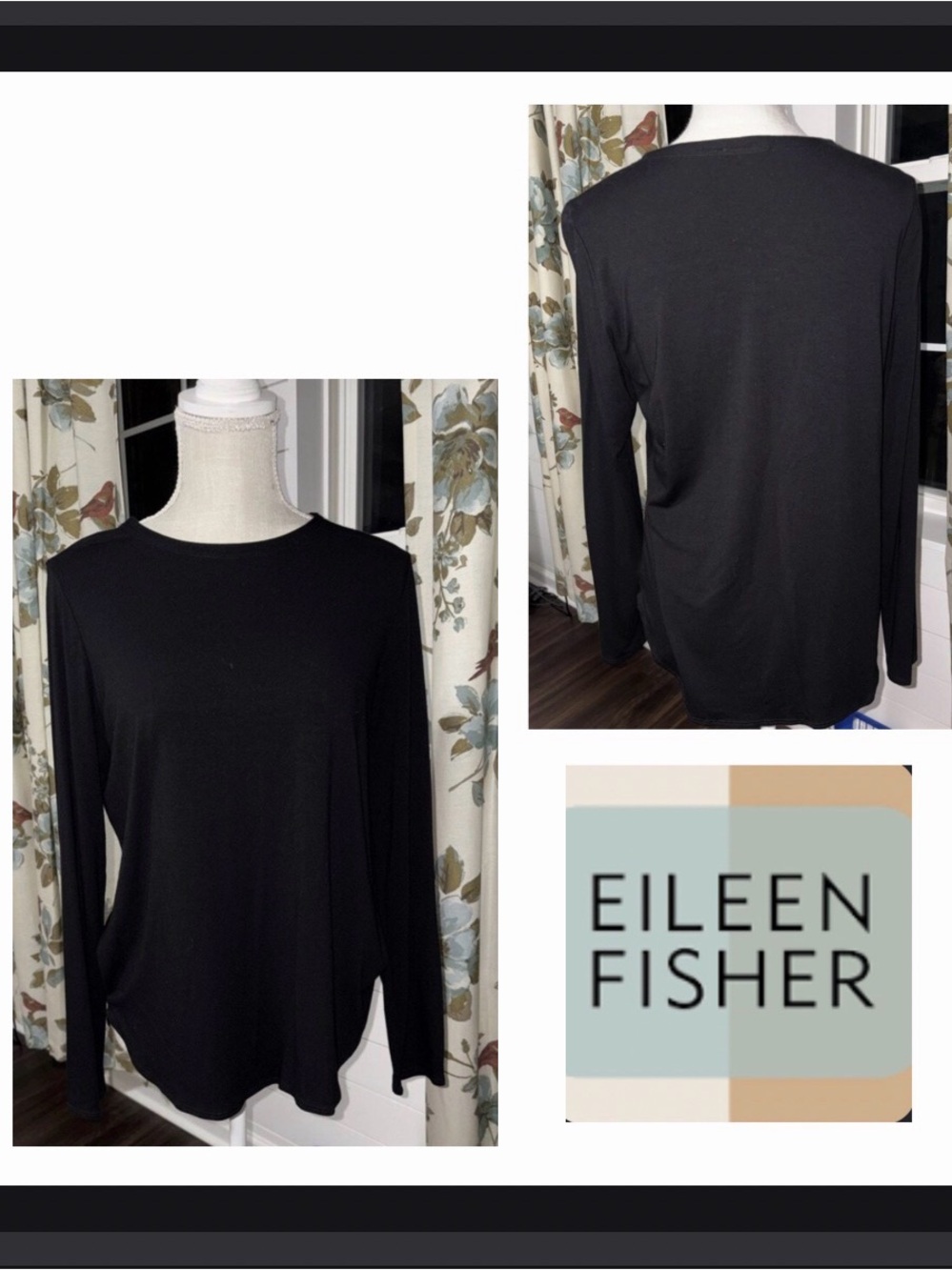 Eileen Fisher Black Long-Sleeve Crew Neck Top Size L